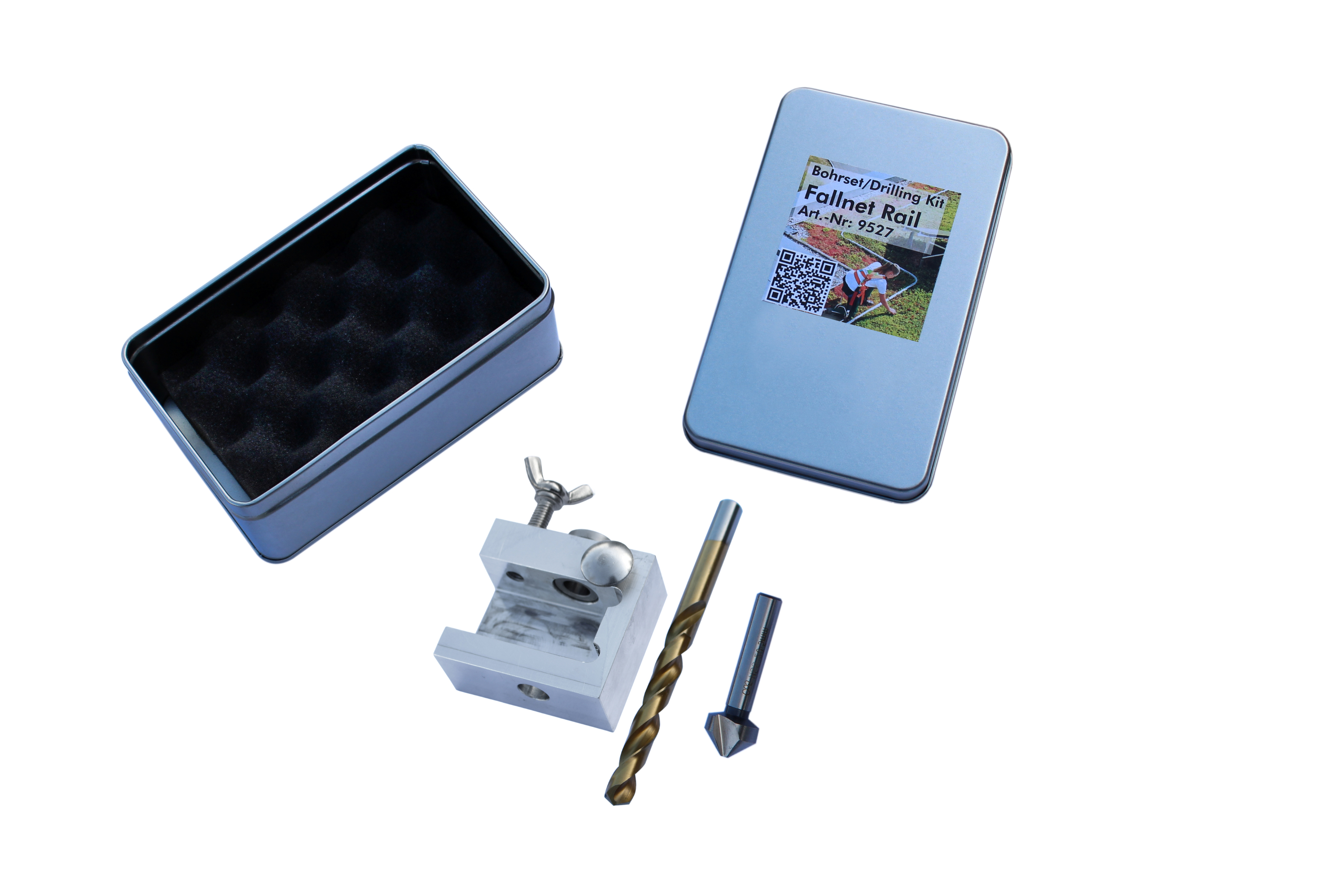 Zinco Fallnet-Rail-Bohrset verpackt in Metallkassette