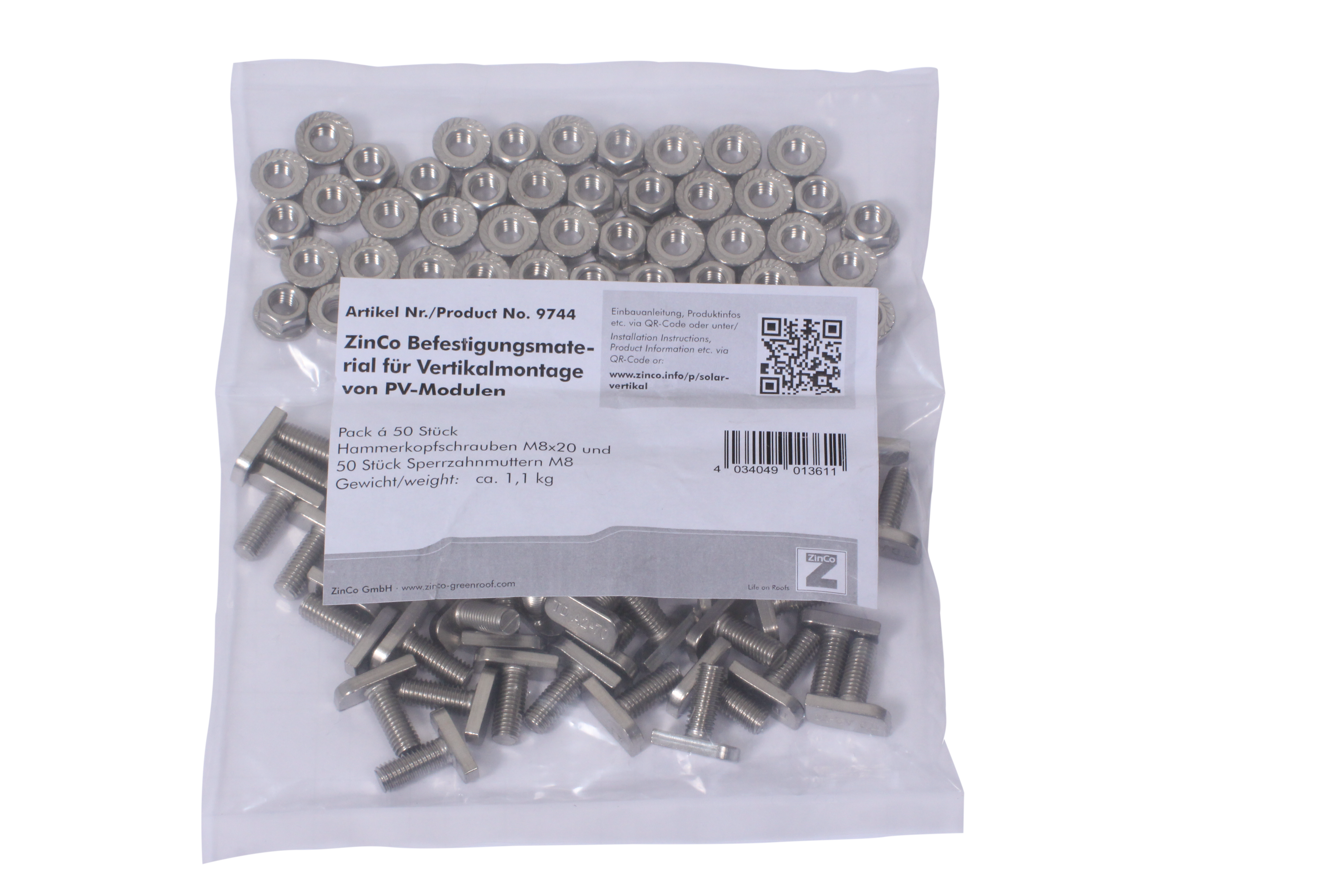 Zinco Befestigungsmaterial für Vertikal- montage von PV-Modulen, Pack á 50 St.